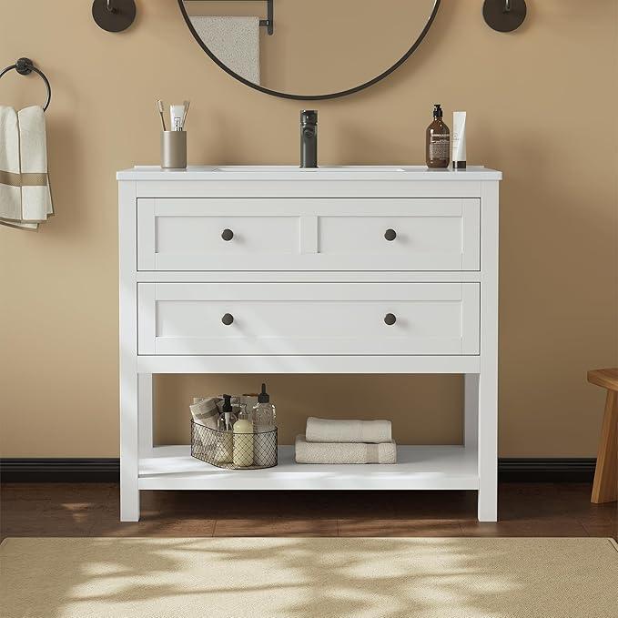 36 Inch Bathroom Vanity with Sink,Modern Bathroom Single Sink Vanity, Storage Cabinet with Drawers& Storage Shelf, Solid Surface Composite Top, White