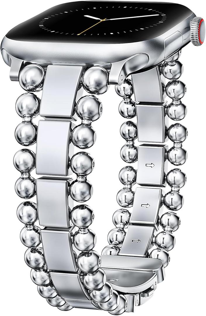 TOYOUTHS Beaded Bracelet Compatible with Apple Watch Bands 38/40/41/42/44/45/46/49mm Women, Dressy Fancy Stainless Steel Metal Elegant Jewelry Strap for iWatch Series 11 10 9 8 7 6 5 4 Ultra/SE 3 2 1 (Silver)