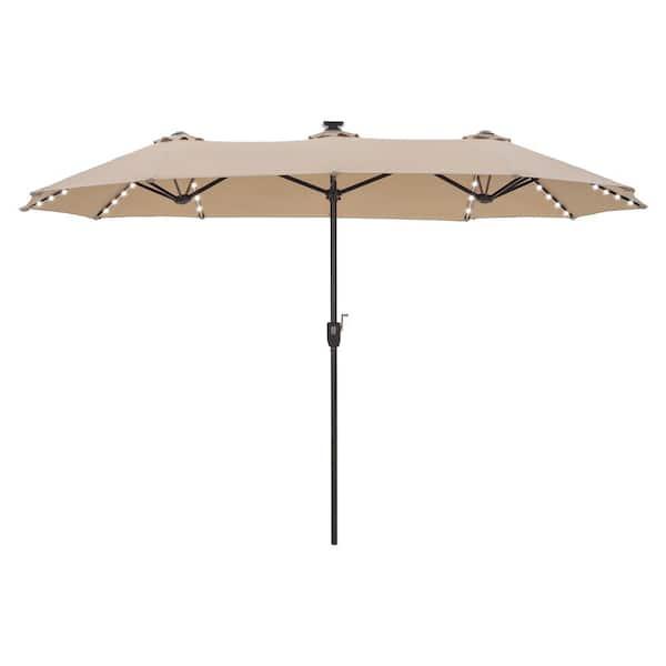13 ft. Steel Market 8-Color Solar LED Lights Patio Umbrella in Beige