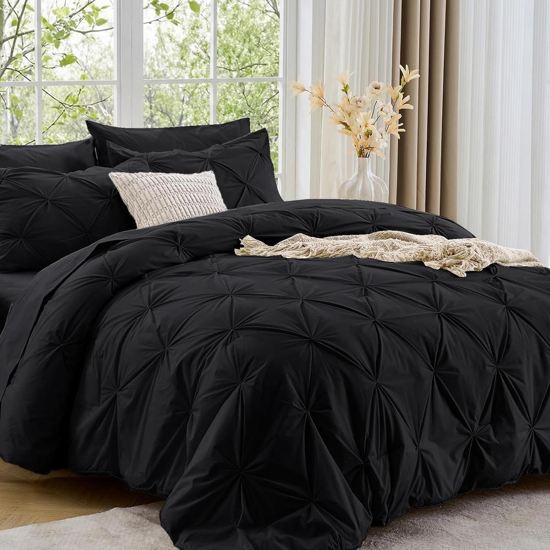 Sasttie Queen Comforter Set, 7-Piece Bed in a Bag, Pintuck Bedding Sets for All Season, Includes Comforter, Flat Sheet, Fitted Sheet, Pillowcases and Pillowshams, Black