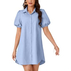 Rooscier Women's Collar Button Down Puff Short Sleeve Causal Mini Shirt Dress, XS Rooscier Women's Collar Button Down Puff Short Sleeve Causal Mini Shirt Dress, XS