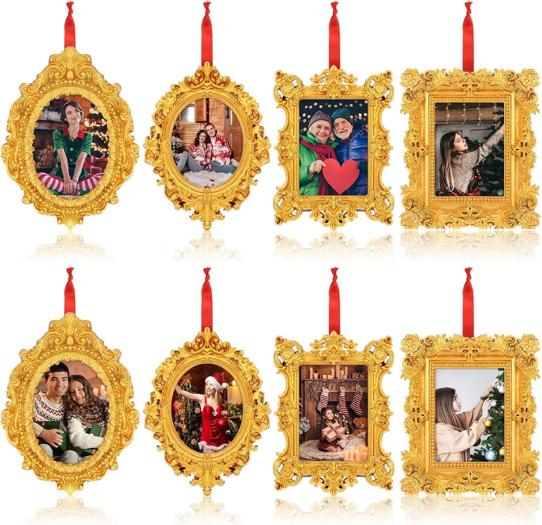 8 Pcs Mini Picture Frame Ornament for Christmas Tree Gold Vintage Photo Frames Antique Resin Oval Rectangle Tiny Ornamental with Hook and Ribbon for Xmas Tree Wall Decor (Classic)