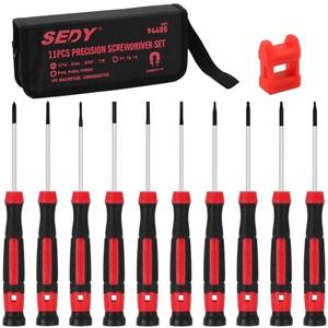 11-Piece Precision Screwdriver Set - Magnetic Mini Screwdrivers for Eyeglasses, Watches, Computers, Laptops, Phones - Phillips, Slotted, Torx, Non-Slip Handle, Portable Storage Bag Included