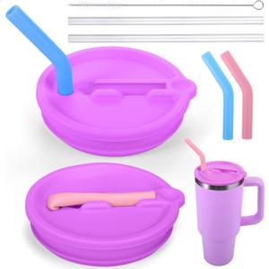 Mity rain 2PCS Silicone Tumbler Flip Straw Lid for Stanley Cup 40OZ, Spill Proof Lid Compatible with Stanley Quencher Flip Straw Lids for Replacement (Purple)