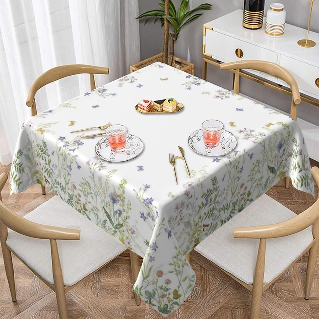 Spring Tablecloth Square 54x54 Inch,Sage Green Wildflower Table Cloth,Stain Resistance Polyester Summer Floral Plant Seasonal Table Covers for Kitchen Dining,Small Tablecloth for Parties Picnic