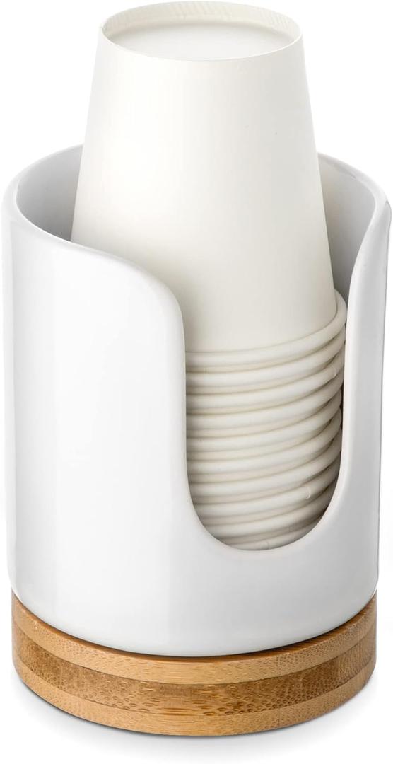 Ceramic Bathroom Cups Dispenser - 3 oz Disposable Paper & Plastic Bathroom Cups Holder - Mouthwash Cups Dispenser for Bathroom, Guest Toiletries, Countertop - BPA Free, Kids Safe (White) (Set/1)