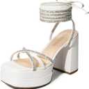 DREAM PAIRS Women's Lace Up Platform Heels Rhinestone High Strappy Chunky Sandal Y2K Shoe for Club Party Date Prom (6.5, White)