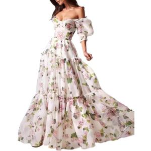 NeeMee Floral Dress Half Sleeve Drawstring Puffy A-Line French Beach Wedding Graduation Party Gown (Pink, L)