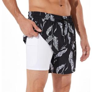 BRISIRA Mens Swim Trunks Bathing Suit 5 Inch Inseam Compression Liner Beach Swim Shorts Swimwear Quick Dry Zipper Pocket (32, Blacktropical)