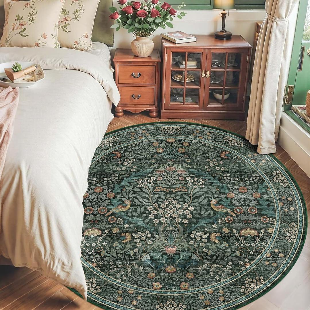 6ft Round Area Rugs for Living Room, Washable Floral Circle Rug Non Slip Low Pile, Vintage Boho Botanical Birds Throw Carpet for Farmhouse, Bedroom, Dining Room, Retro Green/Blue (Dark Green (Larger Pattern))