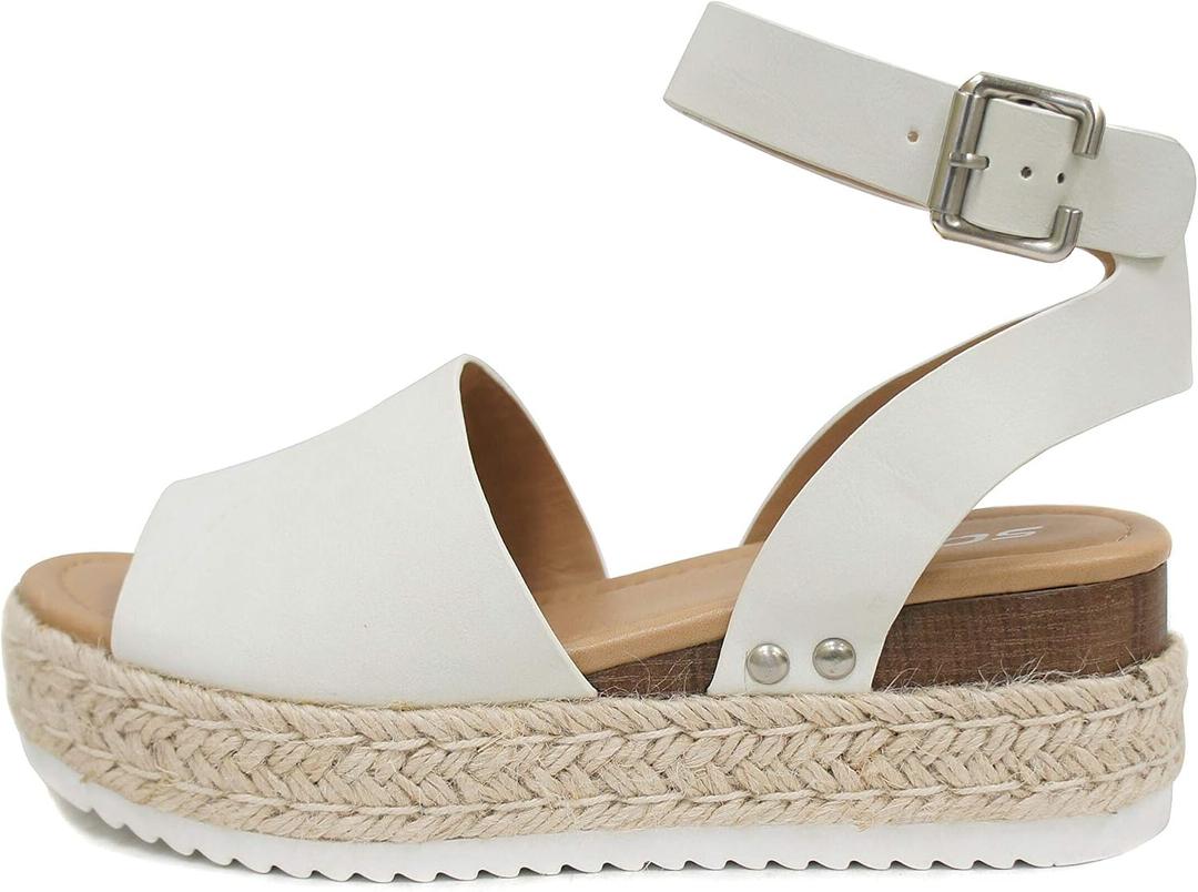 Soda Topic Open Toe Buckle Ankle Strap Espadrilles Flatform Wedge Casual Sandal (Beige)