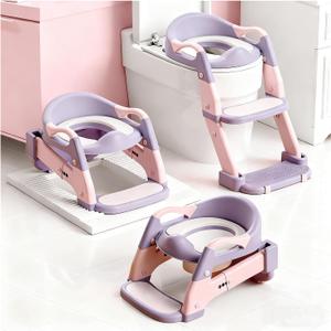 Snugzy Toddler Potty Training Seat 3-in-1 Foldable Potty Training Toilet with Step Stool Adjustable Potty Chair with Urinals (Pink Purple)