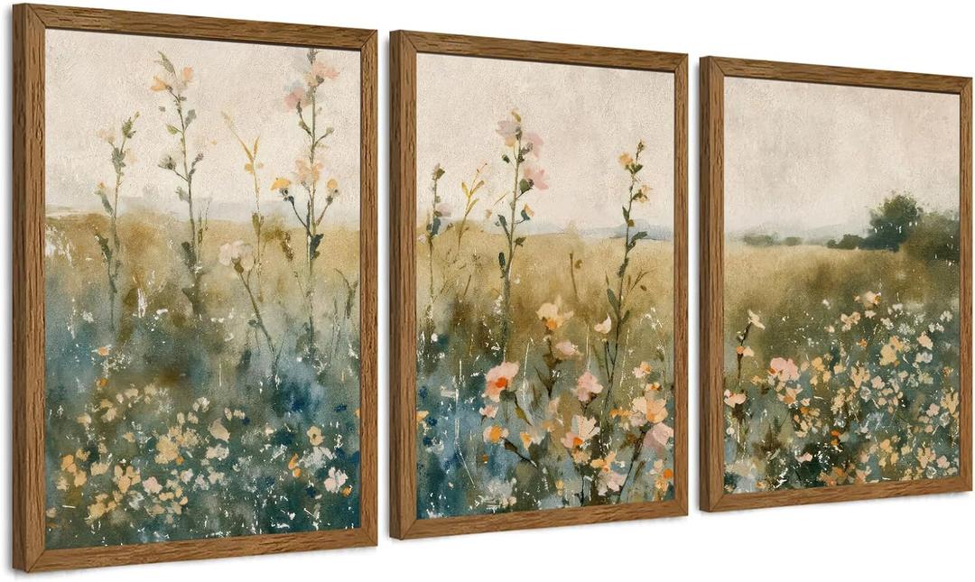 AVECCO 3 Pieces Framed Vintage Wildflower Canvas Wall Art, Nature Floral Artwork Wall Decor, Rural Botanical Art Prints for Bedroom Living Room Office Home Decoration Ready to Hang 16x24 Inch