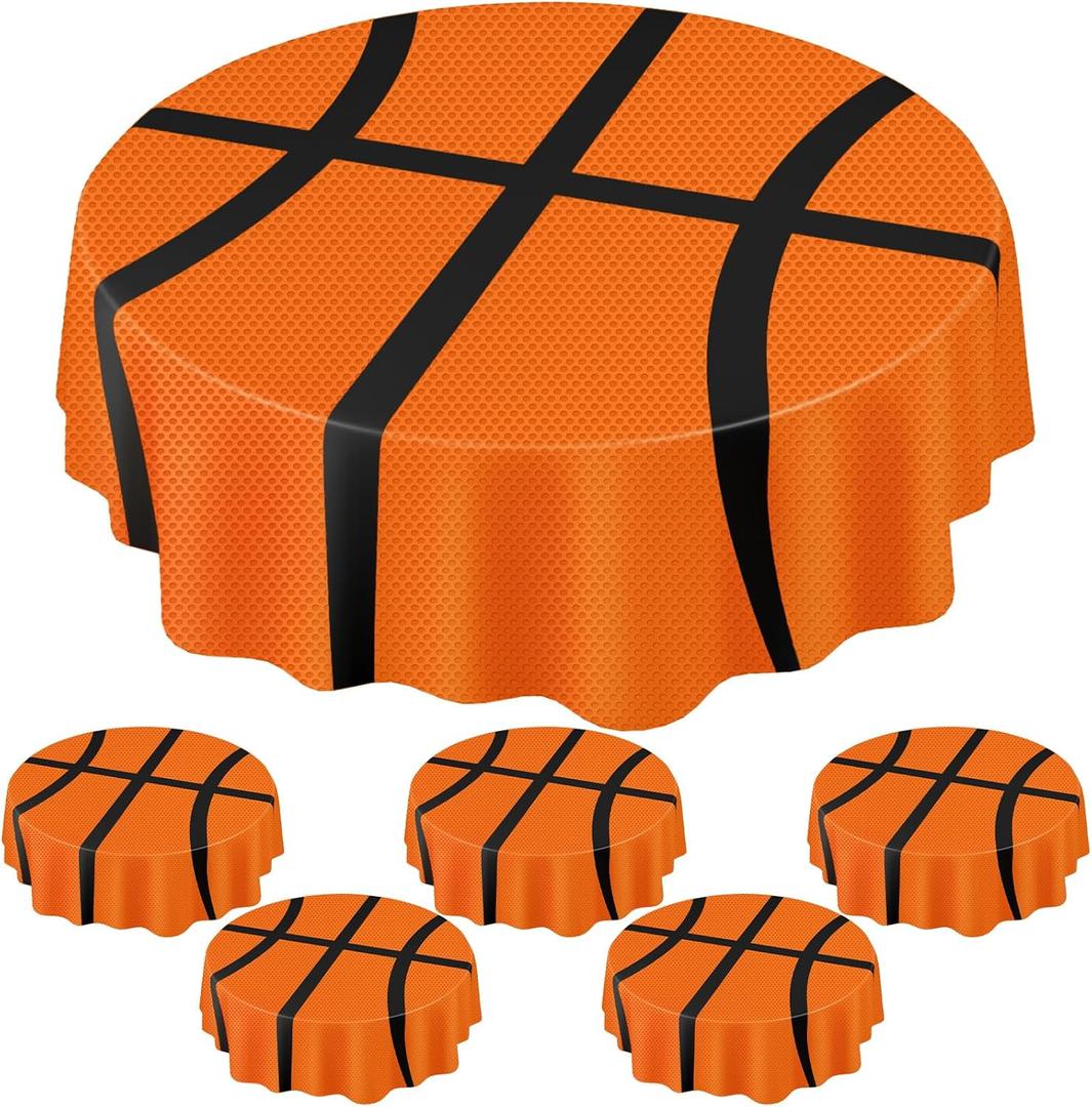 6 Pack Round Basketball Tablecloth 84 Inch Plastic Basketball Party Decorations Disposable Table Cloth Washable Disposable Circle Table Cover for Birthday Party Supplies Decoration