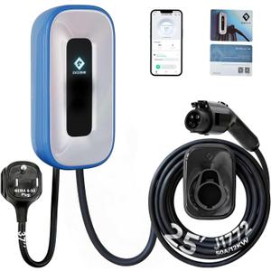 EV Charger Level 250 Amp/240V Charging Station, Indoor/Outdoor EVSE, 25Ft Level 2 ev Charger, WiFi/APP/RFID/Bluetooth (NEMA6-50 Plug or Hardwired)