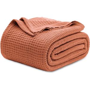 Bedsure 100% Cotton Blanket King Size for Bed - Breathable and Soft, Waffle Weave Blanket for Summer Spring, Red Orange, 104x90 inches (King (104" x 90"), 06 - Red Orange)