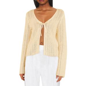 Saodimallsu Womens Summer Crochet Lightweight Cardigans Tie Front Mesh Knit Long Sleeve Casual V Neck Beach Cover Ups (Medium, Beige)