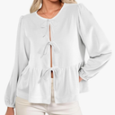 Cicy Bell Womens Cute Tie Front Peplum Velvet Tops Puff Long Sleeve Babydoll Shirts Casual Blouses 2025 Fall Outfits, Size: L