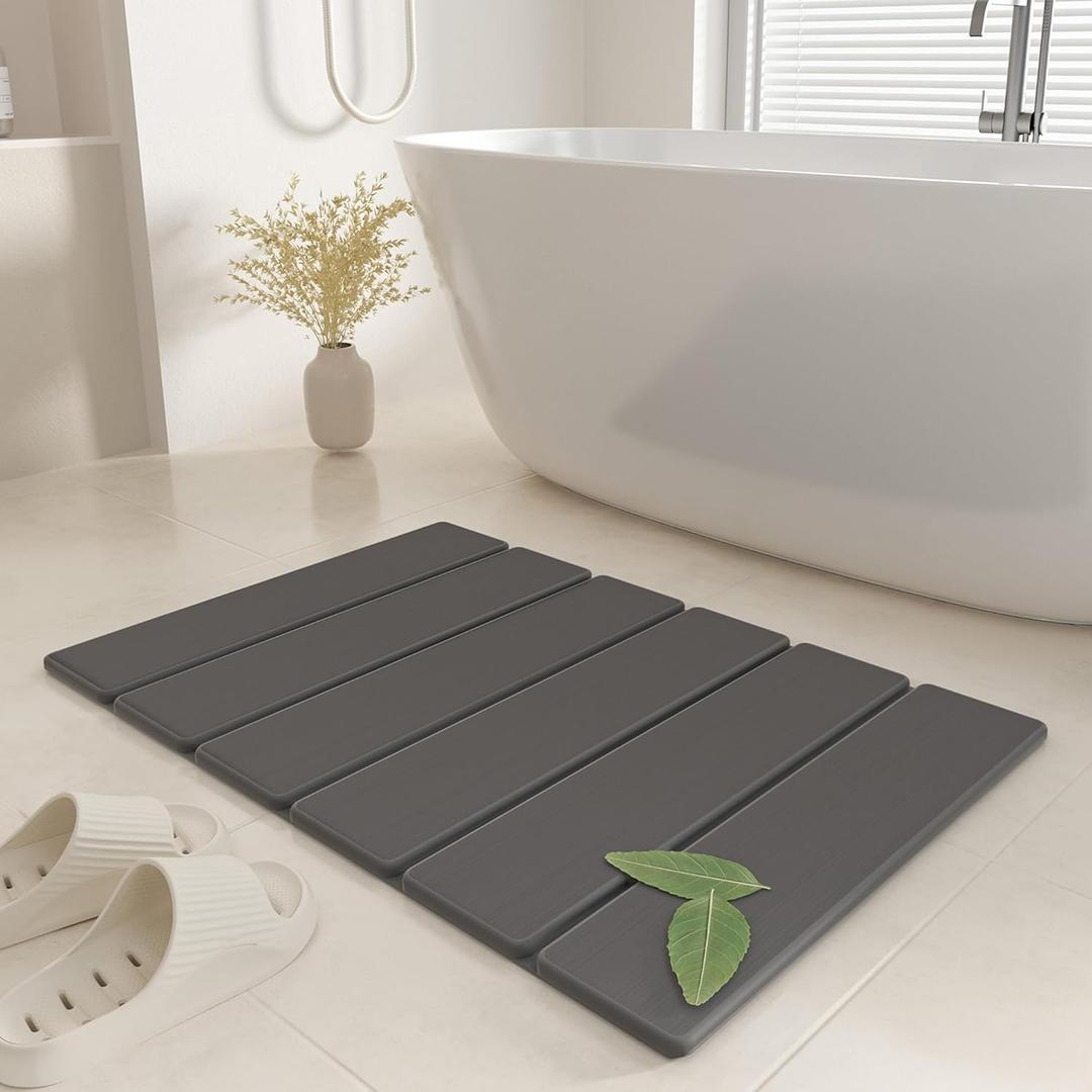 SYIPO Stone Bath Mat - Foldable Diatomite Bath Mat, 23.81 x 15.35, Non-Slip, Super Absorbent, Quick Drying Bathroom Mat | Easy to Clean Shower Floor Mat, Dark Gray