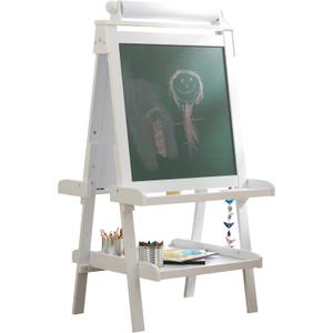 KidKraft Deluxe Wooden Easel with Chalkboard and Dry Erase Surfaces, Paper Roll and Paint Cups - White, Gift for Ages 3+, 25 Inch