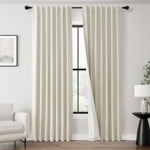 Natural Cream Blackout Curtains for Bedroom Window Back Tab Thermal Insulated Neutral Linen Black Out Curtain Drapes 4 F 44 Inch width Modern Farmhouse Light Blocking Living Room Darkening Curtains 7 FT