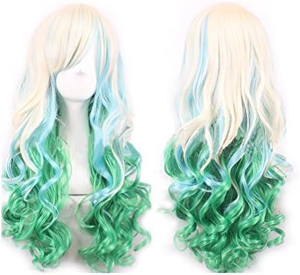 WeeH Women Wigs Long Hair Heat Resistant Spiral Curly Cosplay Wig Fashion Wavy Costume Daily Party (bule green gold)