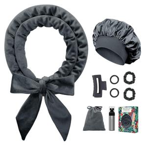 Gwabee No Heat Overnight Hair Curlers Headband, 70" Soft Ribbon Curl Wrap for Long Hair - 9 PCS Curling Rods Set - Grey