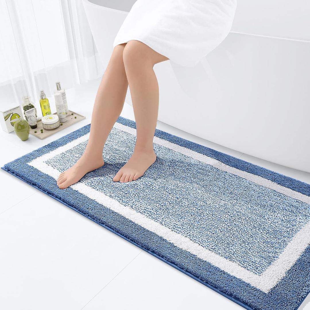 OLANLY Bathroom Runner Rugs 47x24, Extra Soft and Absorbent Microfiber Bath Rugs, Non-Slip, Machine Washable, Quick Dry Shaggy Bath Carpet, Long Bath Mats for Bathroom Floor, Tub, Shower, Blue