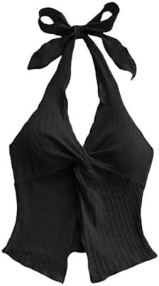 SHENHE Women's Twist Front Tie Halter Neck Split Hem Backless Summer Going Out Crop Top, XS
