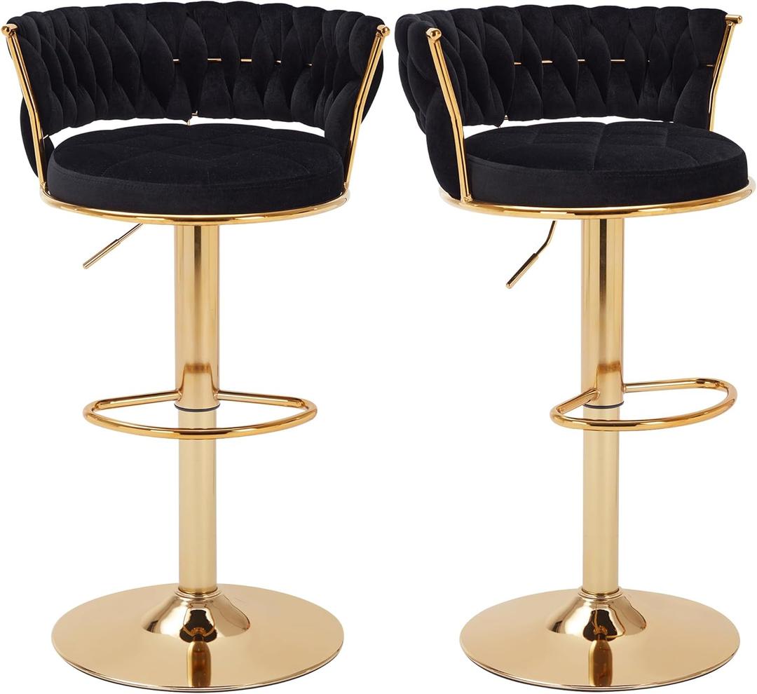 VECELO Bar Stools Set of 2, Adjustable Barstools Counter Height Stools with Back and Arm, Velvet Woven Kitchen Island Stools w/Gold Metal Leg & Base, 360 Swivel Bar Chair for Pubs Dining Room, Black