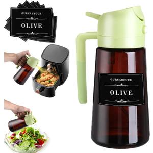 Oil Sprayer for Cooking, 16oz Olive Oil Dispenser Bottle for Kitchen Gadgets, 2 in 1 Adjustable Mist Spray and Precision Pour Spout Dark Brown Bottle with Stickers for Air Fryer, Salad