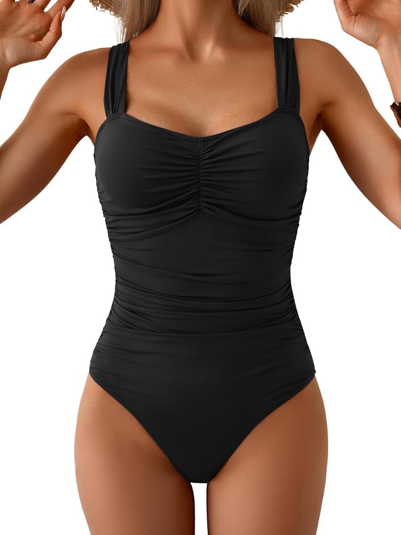 B2prity One Piece Swimsuit for Women Tummy Control Bathing Suit Ruched Slimming Swimwear (Black, XL)