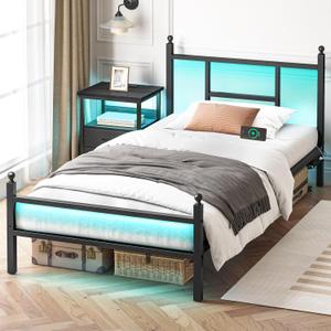Fixwal Twin Bed Frame with Charging Station, Metal Bed Frame with Port and Outlet, Black