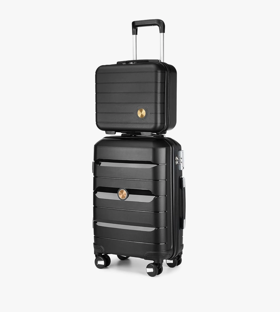Somago 20" Carry On Luggage and 14" Mini Cosmetic Cases Travel Set Lightweight Polypropylene Suitcase with TSA Lock YKK Zipper Hardside Luggage with Spinner Wheels (2 Piece Set, Classic Black)