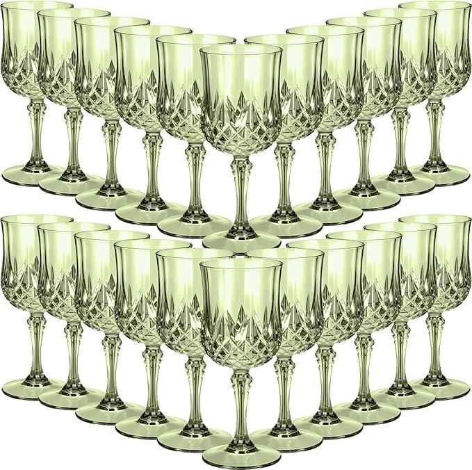 Sliner 48 Pcs Plastic Wine Glasses 7oz Vintage Drinking Goblets Unbreakable Crystal Water Glassware Reusable Diamond Champagne Flutes Cups for Wedding Banquet Birthday Party Supplies(Green)
