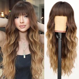 AISI HAIR Brown To Honey Blonde Wig with Bangs Long Wavy Synthetic Wig for Women Daily Party Use