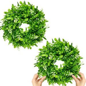 2 Pcs Christmas Boxwood Wreath Artificial 10 Inch Green Leaves for Front Door Cabinets Wreath Indoor Outdoor Wall Decor Christmas Wall Home Kitchen Decoration