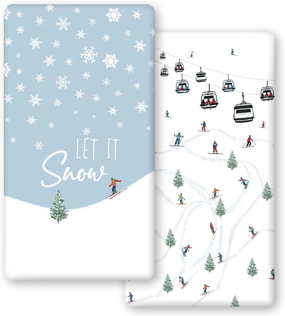 Horaldaily 2 Pack Fitted Crib Sheet for Boys Girls,Soft Breathable Washable Jersey Microfiber Baby Crib Sheet, Fits Standard Size Crib Mattress 28in x 52in, Snow Ski Nursery Sheet Blue/White
