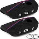 OLLEN 2PCS Soft Silicone Key Fob Cover, Fit for BMW 2023 2024 2025 2026 New 5/7 Series 740i 760i IX IX3 XM X1 X2 X3 X5 X6 X7 I5 I7 etc, Car Key Case Protector with Rings, Red+Blue Line