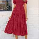 PRETTYGARDEN Women's 2025 Summer Casual Midi Dresses Square Neck Short Sleeve Smocked A Line Floral Flowy Elegant Boho Dress (Red, S)