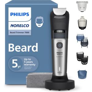 Norelco Philips Beard Trimmer 7000 Series, 100% Waterproof Trimmer for Men, 40 Lock-in Hair Length Settings, BeardSense Power Adaptability, Detail & T-Blade Trimmer Heads, Charging Stand, BT7670/40