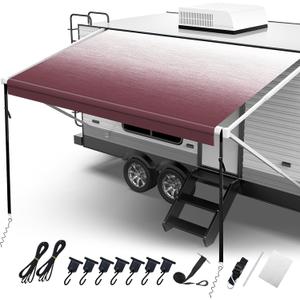 Fonzier RV Awning Fabric Replacement, 19.5oz Heavy Duty Vinyl, with Tie Down Kits & 7 Hooks & Pull Strap for Trailer Camper Awning- 16'(Fabric 15'2"), Burgundy Fade