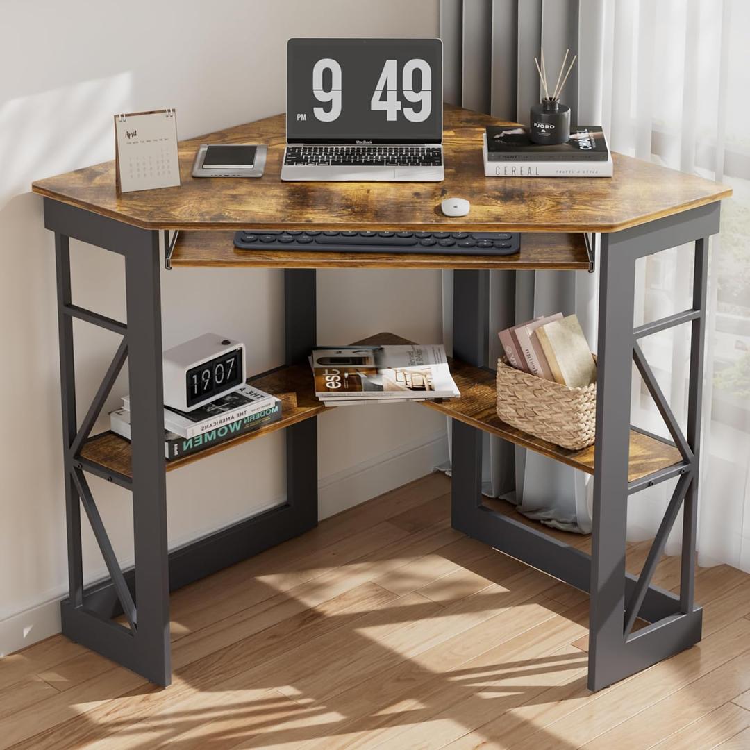 VECELO Corner Desk Computer Desk Writing Table with Smooth Keyboard Tray & Storage Shelves,Compact Home Office Triangle Table,Antique Brown, 28" x 41" x 30"