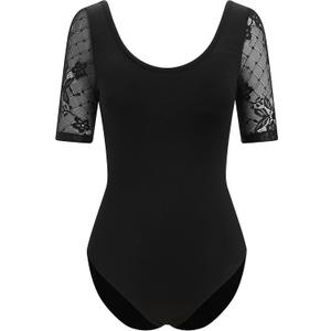 AFAVOM Ballet Dance Leotards for Women Sheer Mesh Lace Leotard Bodysuit Adult Gymnastics Dancewear Ballerina Dance Costumes (Medium, Black)