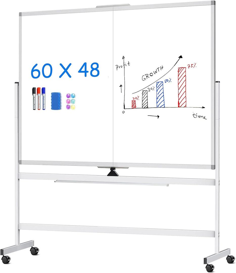 maxtek 60 x 48 Double Sided Rolling Whiteboard, Mobile Whiteboard Magnetic White Board - Large Reversible Dry Erase Board Easel Standing Board on Wheels with Stand (60 x 48) (60x48 inch Silver)