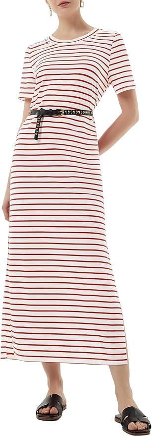 Casly Lamiit Women's Short Sleeve Double Split Maxi Dress 2025 Summer Casual Plain Striped Loose Long T Shirt Dresses, XS