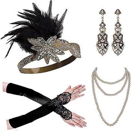 Cizoe 1920s Flapper Gatsby Costume Accessories Set 20s Flapper Headband Vintage Pearl Necklace Gloves(phchampagne)