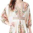 LAI MENG FIVE CATS Women's V-Neck Floral Print Lantern Sleeve Button up Belt Dress Casual Mini Dress XS