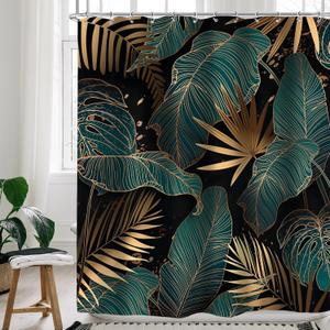 Emerald Green Shower Curtain,Black Gold Shower Curtain,72Wx72H Abstract Palm Leaves Tropical Monstera Bathroom Curtain Modern Brown Botanical Plant Hawaii Bathroom Decor Fabric with 12 Hook