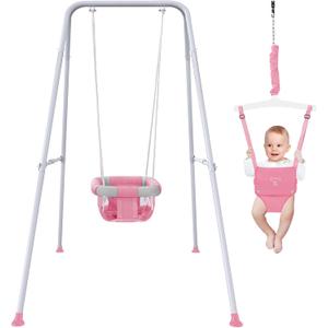 2 in 1 Baby Jumper with Swing - Indoor and Outdoor Use, Toddler Swing with Foldable Stand Pink